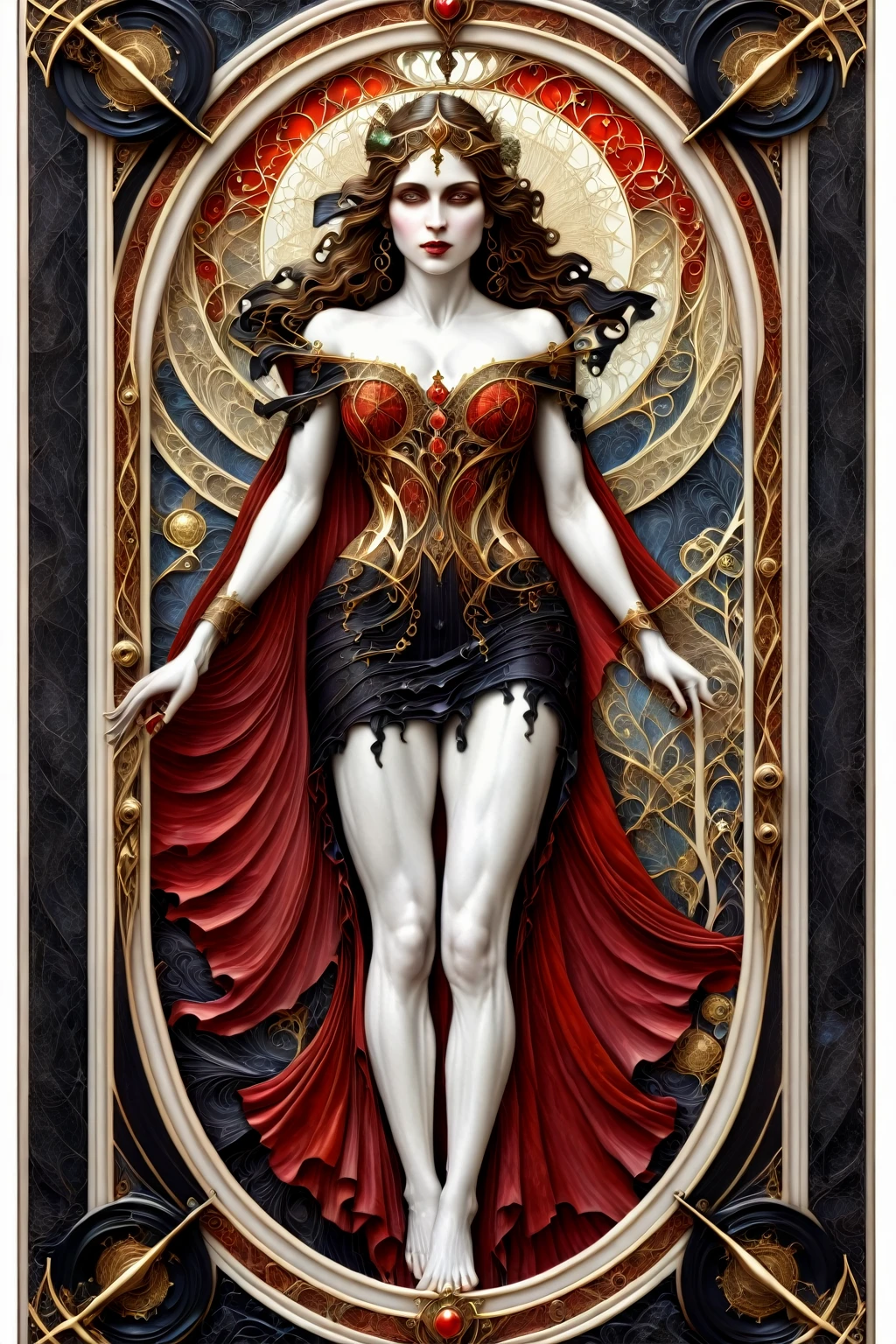 a beautiful illustration of a very muscular vampire girl in an abstract marble texture with a tarot style frame, with colors of obsidian black, shiny gold, and ruby red, highly detailed, intricate design, BY Anne Bachelier,