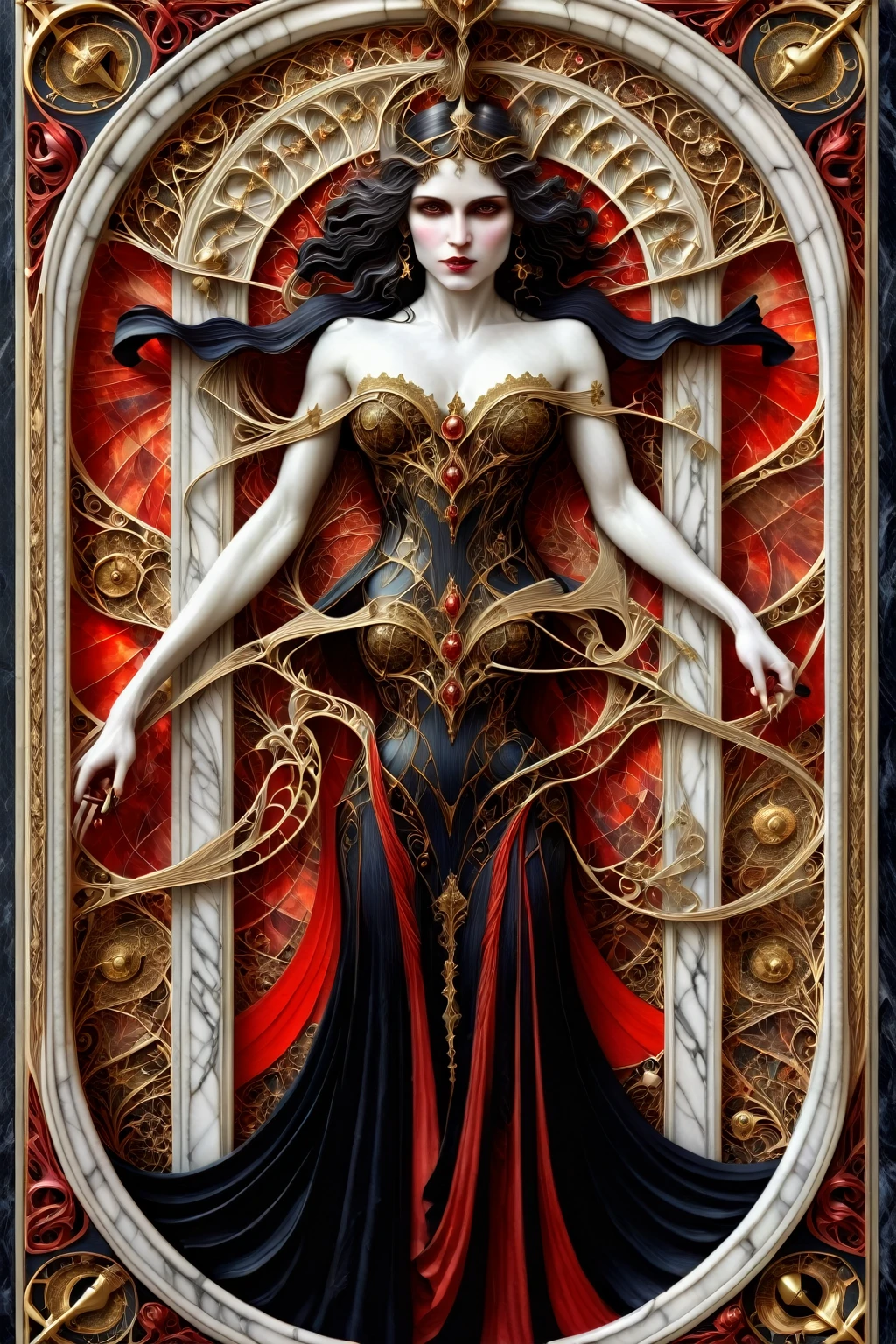 a beautiful illustration of a very muscular vampire girl in an abstract marble texture with a tarot style frame, with colors of obsidian black, shiny gold, and ruby red, highly detailed, intricate design, BY Anne Bachelier,