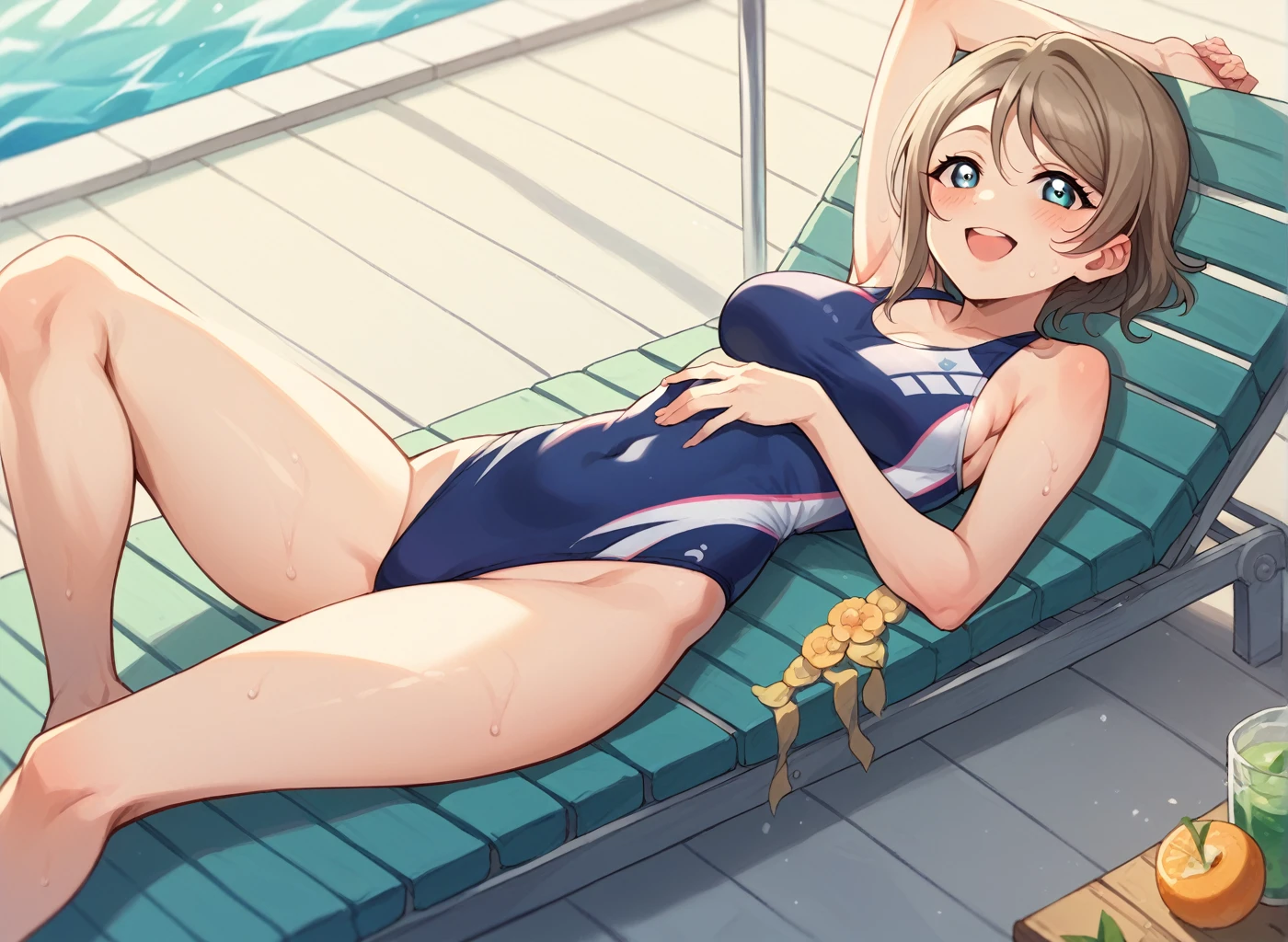 Watanabe You、Lying on a deck chair by the pool、Relaxing in a competitive swimsuit。The fresh breeze from the pool blows around her.、The sun's rays gently illuminate her skin。Her expression was calm and happy.、Lying down comfortably。