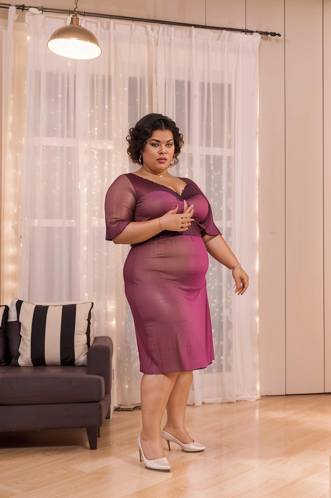 there is a woman in a dress standing in a living room, fat latin woman dancing, Fat woman, She is dancing. realist, inspired by Joan Brown, a portrait of a plump woman, Heavy appearance, malika favre, a hyper realist, huell babineaux, inspired by María Helena Vieira da Silva, mrs bean