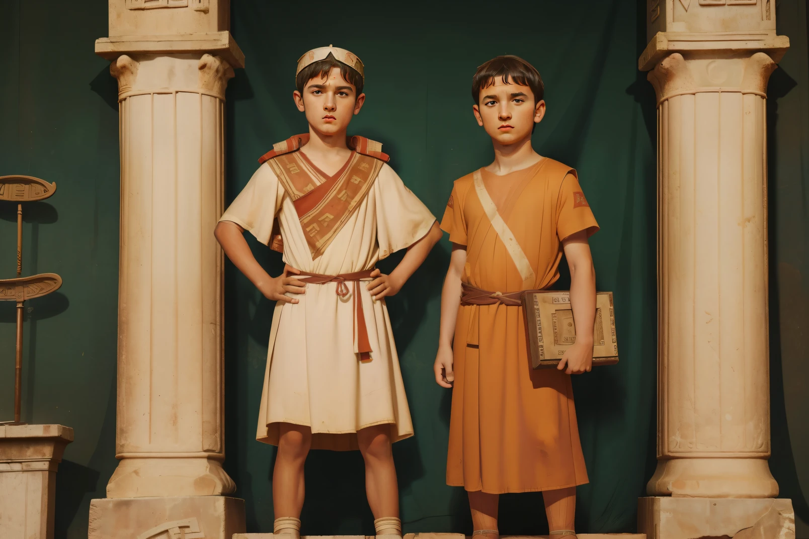 Rome, 77 BC. a bit ((((9 years)) Julius Caesar)), with a friend , Same height, standing in formation, Mars field, ((serious expression)). ((((Roman clothing from the 1st century BC.C.))))
