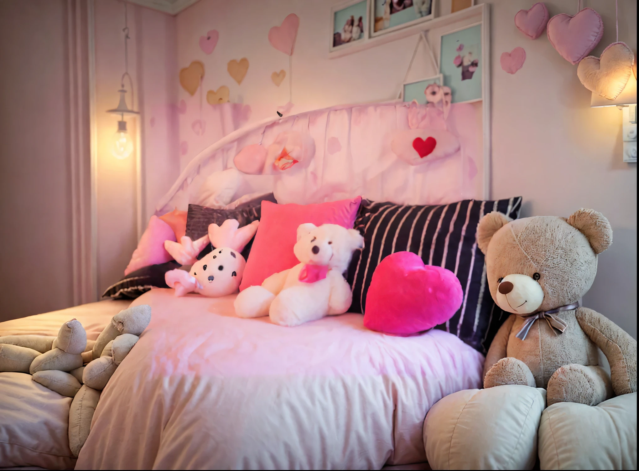 detailed bedroom interior, bed with heart shaped pillows, teddy bear plush dolls on bed, romantic cozy atmosphere, soft lighting, pastel color palette, beautiful detailed textures, photorealistic, highly detailed, masterpiece