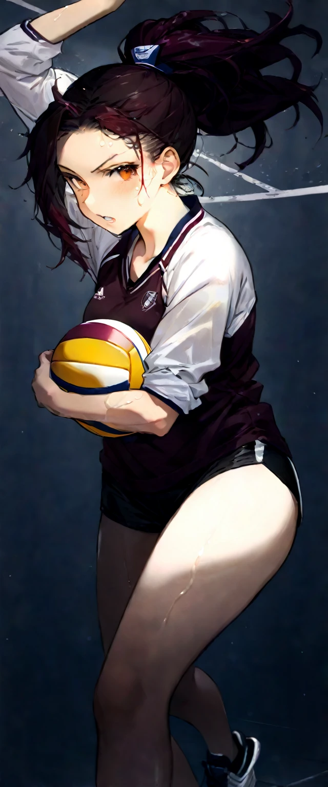 ((best quality)), ((masterpiece)), (detailed), 1girl with tan orange skin and maroon ponytail hair, wet shirt, varsity volleyball player, blank gray background, attack pose, holding volleyball, full body, wearing rubber shoes, ripped clothes