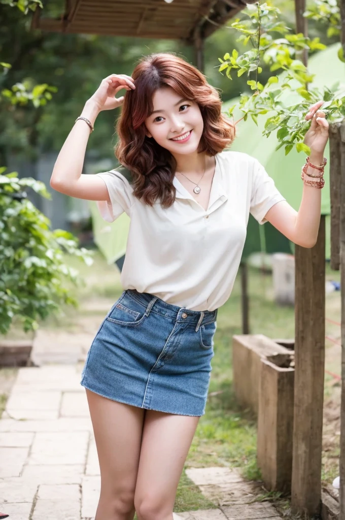 Under the eaves of a building, college freshman, ((full body)), ((photo)), ((best qualtiy, 8K, tmasterpiece:1.3)), Focus:1.2, perfect figure beautiful girl:1.4, 1girl, cowboy shot, look at viewer, eyes facing the camera, incredibly absurd, beautiful and cute girl with a photorealistic face, showcasing top-quality craftsmanship, Japanese girl taking shelter from the rain under the eaves, , short hair, wavy and shiny hair, crimson hair, big eyes, long eyelashes, smiling face, white teeth, round face, small nose, smooth skin, fair skin, slim, 155cm tall, thin limbs, red lips, pink cheeks, lively expression, , delicate, well-balanced proportions, slim, 155cm tall, thin limbs, small A-cup breasts, white blouse, denim miniskirt, loafers, silver necklace, bracelet, beautiful girl, younger sister attribute, active, sociable, cheerful, optimistic, brave, curious, September