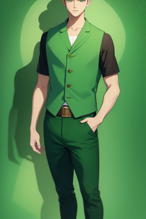 Handsome Japanese boy, green hair, Pompadour hairstyle, slim build, green eyes, short sleeve vest, neo green shirt with slime print, green jeans, neon green background