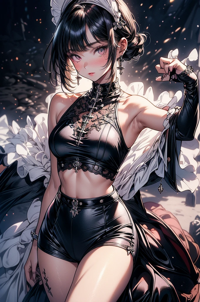 ((highest quality)),(ultra high resolution),(Super detailed),(detailed description),((best CG)),(best work of art),super precision art, great drawing art,(Art with precise details:1.5), (1 young girl:1.5), beautiful and well-shaped face:1.5,(Beautiful skin with precise and detailed depiction:1.6),(sleeveless halter neck crop top, knee length gym shorts ),gorgeous, masterpiece, best quality, high-resolution, finely detailed, extremely detailed and beautiful, distinct-image, 1 girl, 16 year old teenager, solo, sharp facial features, oval shaped face. cherry pink lips, lightly tanned white skin. velvet-colored eyes, C-cup breasts, tall height(175cm), slim yet chiseled body type, short shoulder length dark violet-black hair, small narrow waist, long and slender legs, curvy wide hips, elegant gothic courtyard setting