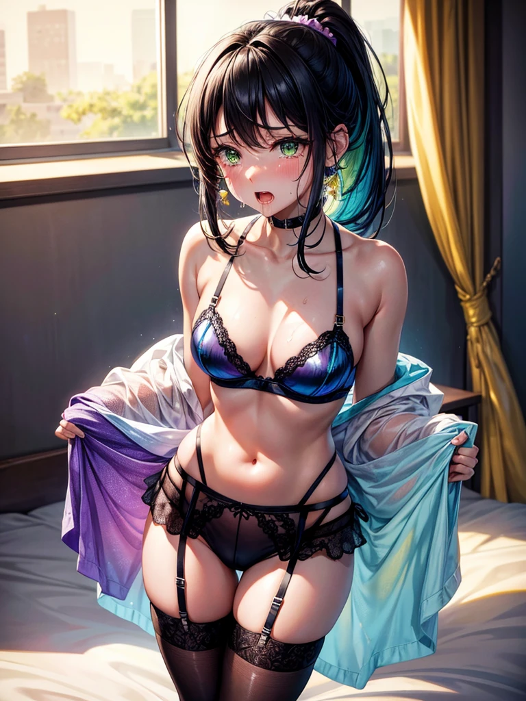 Highest quality,Highest Resolution,４K quality,A beautiful girl with a crying face spilling a lot of seductive saliva,Full body close-up,looking at the camera,Yellow-green eyes,Black hair ponytail,,Iridescent Bra,Iridescent underwear,High leg,Rainbow garter belt,Rainbow colored knee-high stockings,Dark bedroom at night,Purple bedding,Sweating profusely,Open your mouth,Tears,Iridescent underwear,Standing posture,