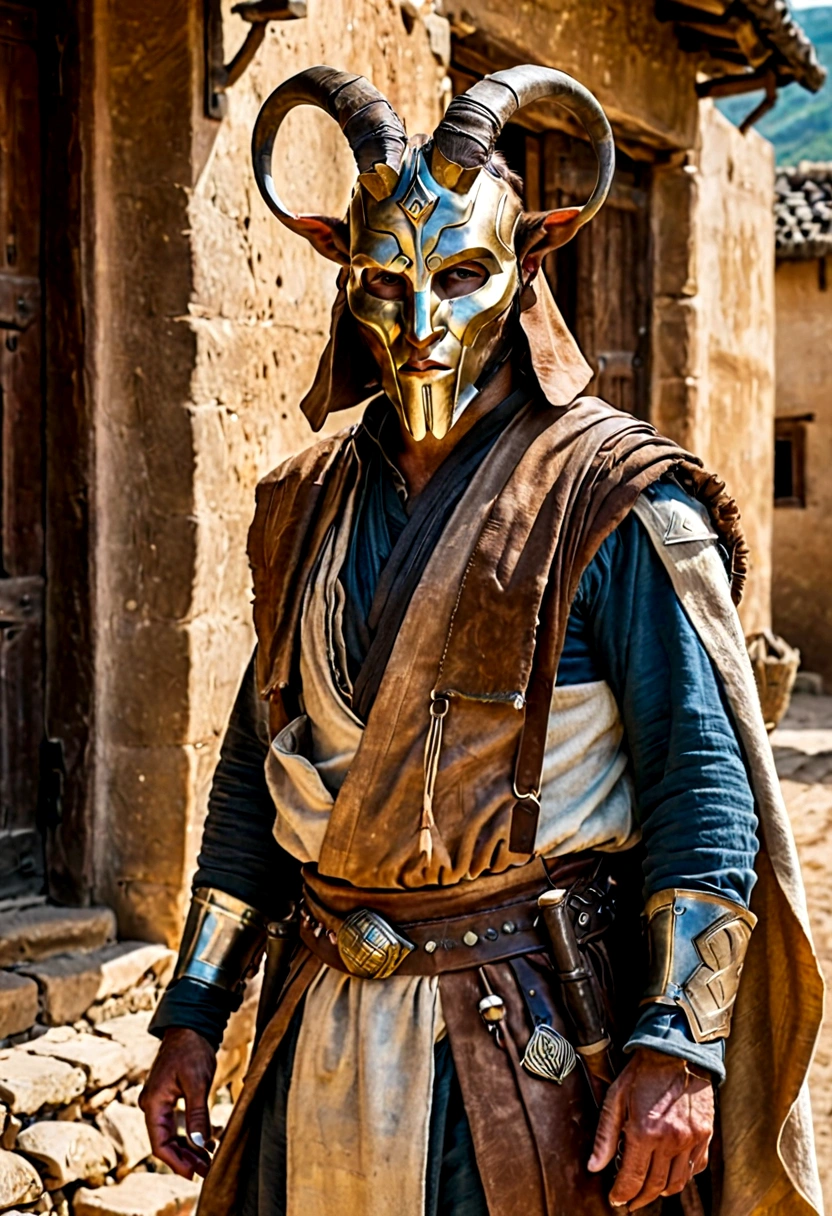 A man wearing a goatskin Jedi mask and the head of Atreus, the legendary human who protects the village from invaders. Full body portrait.