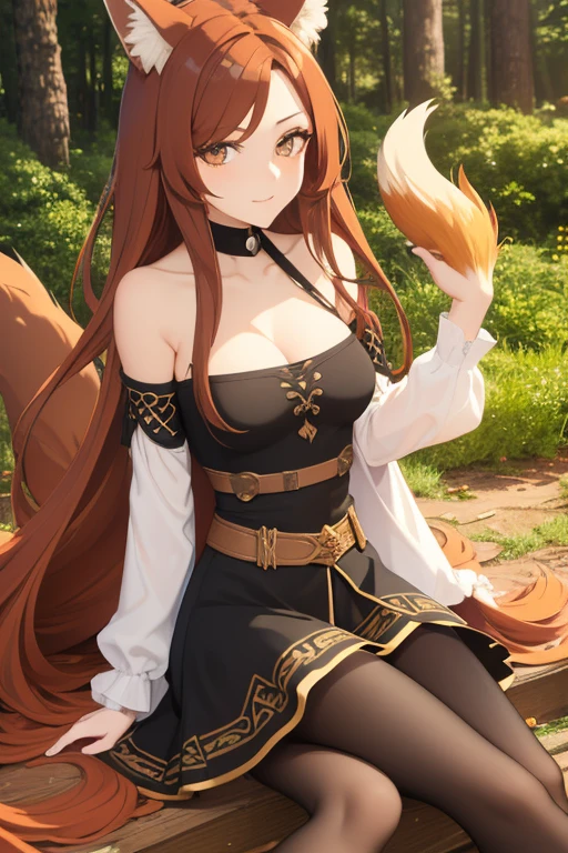 (masterpiece), best quality, expressive eyes, perfect face,(fox girl, Fox ears, fox tail),dark red hair, shorts, belt, cleavage,big breasts,((adventurer outfit:1.2)),(bare shoulders),crystal pendant,bracelet,smiles,woods,lush forest,standing,sexy pose