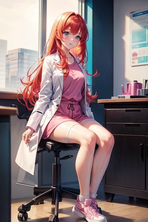 redhead girl, straight hair, anime, detailed, beautiful, HD, high quality robotic legs, lab coat, pink shirt