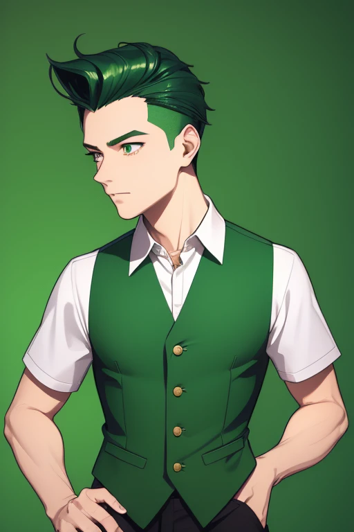 Handsome Japanese boy, green hair, Pompadour hairstyle, slim build, green eyes, short sleeve vest, neo green shirt with slime print, green jeans, neon green background