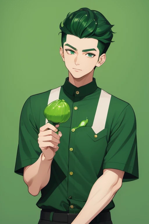 Handsome Japanese boy, green hair, Pompadour hairstyle, slim build, green eyes, short sleeve vest, neo green shirt with slime print, green jeans, neon green background