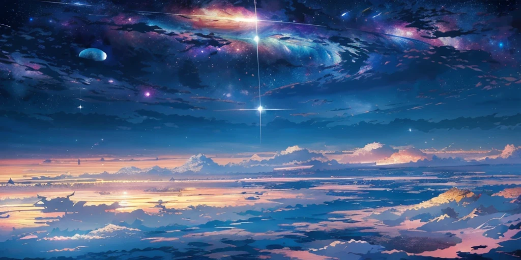 scene of a beautiful sky with a star and a planet, cosmic skies. by makoto shinkai, anime art wallpaper 4k, anime art wallpaper 4 k, anime art wallpaper 8 k, anime wallpaper 4k, anime wallpaper 4 k, 4k anime wallpaper, anime sky, amazing wallpaper, anime background, heaven planet in background, anime background art, Galactic pillars of creation, realistic, realism