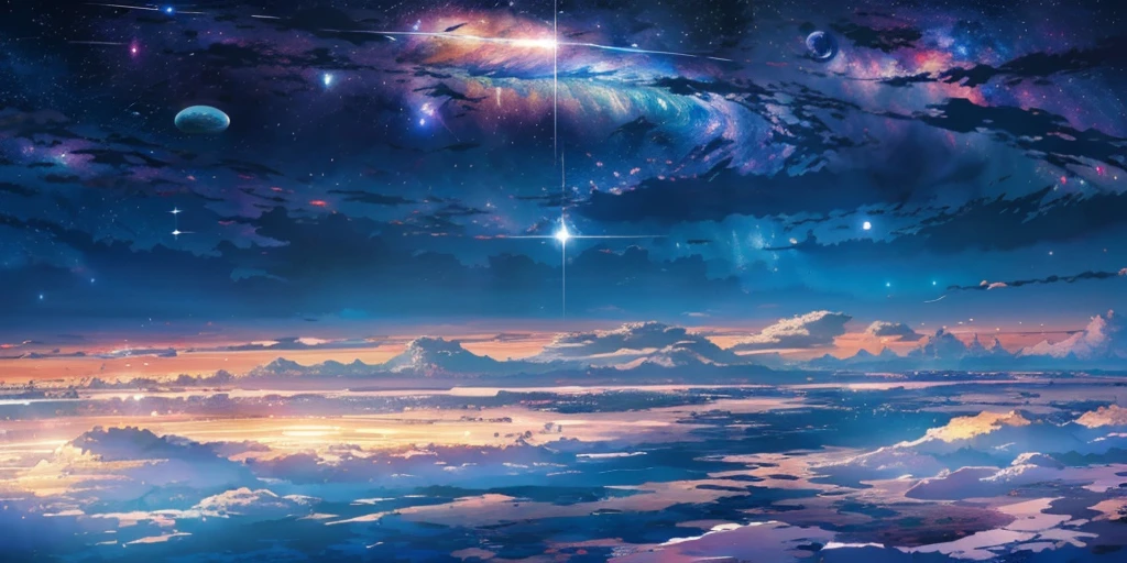  scene of a beautiful sky with a star and a planet, cosmic skies. by makoto shinkai, anime art wallpaper 4k, anime art wallpaper 4 k, anime art wallpaper 8 k, anime wallpaper 4k, anime wallpaper 4 k, 4k anime wallpaper, anime sky, amazing wallpaper, anime background, heaven planet in background, anime background art, Galactic pillars of creation, realistic, realism 