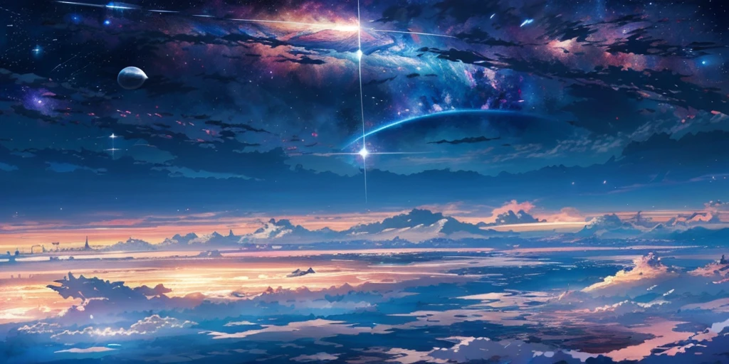 scene of a beautiful sky with a star and a planet, cosmic skies. by makoto shinkai, anime art wallpaper 4k, anime art wallpaper 4 k, anime art wallpaper 8 k, anime wallpaper 4k, anime wallpaper 4 k, 4k anime wallpaper, anime sky, amazing wallpaper, anime background, heaven planet in background, anime background art, Galactic pillars of creation, realistic, realism 