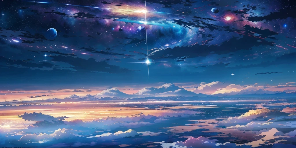  scene of a beautiful sky with a star and a planet, cosmic skies. by makoto shinkai, anime art wallpaper 4k, anime art wallpaper 4 k, anime art wallpaper 8 k, anime wallpaper 4k, anime wallpaper 4 k, 4k anime wallpaper, anime sky, amazing wallpaper, anime background, heaven planet in background, anime background art, Galactic pillars of creation, realistic, realism 
