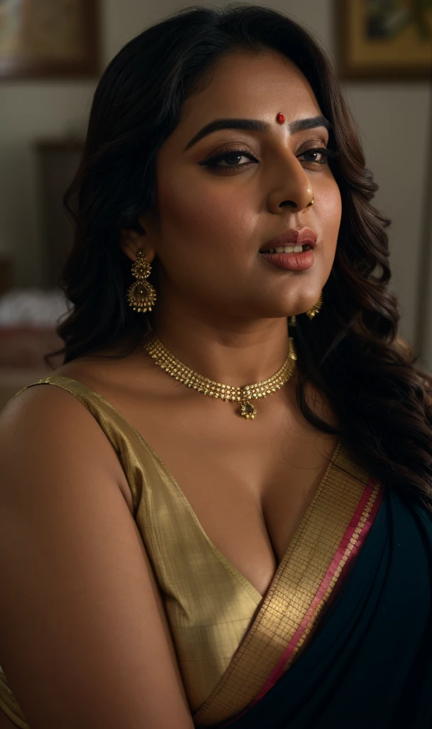 Foto RAW, photorealistic, photography, full body shot, master shot, perfect eyes, goddess like beauty, pierced eyes, perfect thick chubby mallu Desi aunty bhabhi, Wearing a Stanapatta, a chest-band.Saree model, model Photography, Indian saree shoot, Indian traditional wear advertising photography, traditional wear brand shoot, face of Indian actress Sonakshi Sinha, masterpiece, realistic, realism, incredible details,  pleasure, photorealism, detailed skin, skin pores, high contrast, photorealistic Artstation 8k HD digital art trend of high definition and detailed realistic skin texture, ultra detail, realistic skin texture, armature, best quality, ultra high definition, (photorealistic:1.4),, high resolution, detail, raw photo, sweat, Re sharp, by Lee Jefferies Nikon D850 Film Stock Photo 4 Kodak Portra 400 Camera F1.6 Lens Rich Color Ultra Real Realistic Realistic Textures Dramatic Lighting Unreal Engine Trending at Art Station Cinestill 800,(pele altamente detalhada: 1.2), 8k UHD, DSLR, soft-lighting, alta qualidade, grain of film, Fujifilm XT3,she didn't like to wear blouse or bra, she is happy to wear only saree, she hates blouse or bra, detailed hairy armpits, hyper realistic skin, skin pores, sweat, veins, 