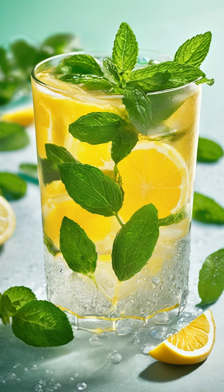 In a clear glass with water droplets floating in it、Mint leaves, ice and lemon squash