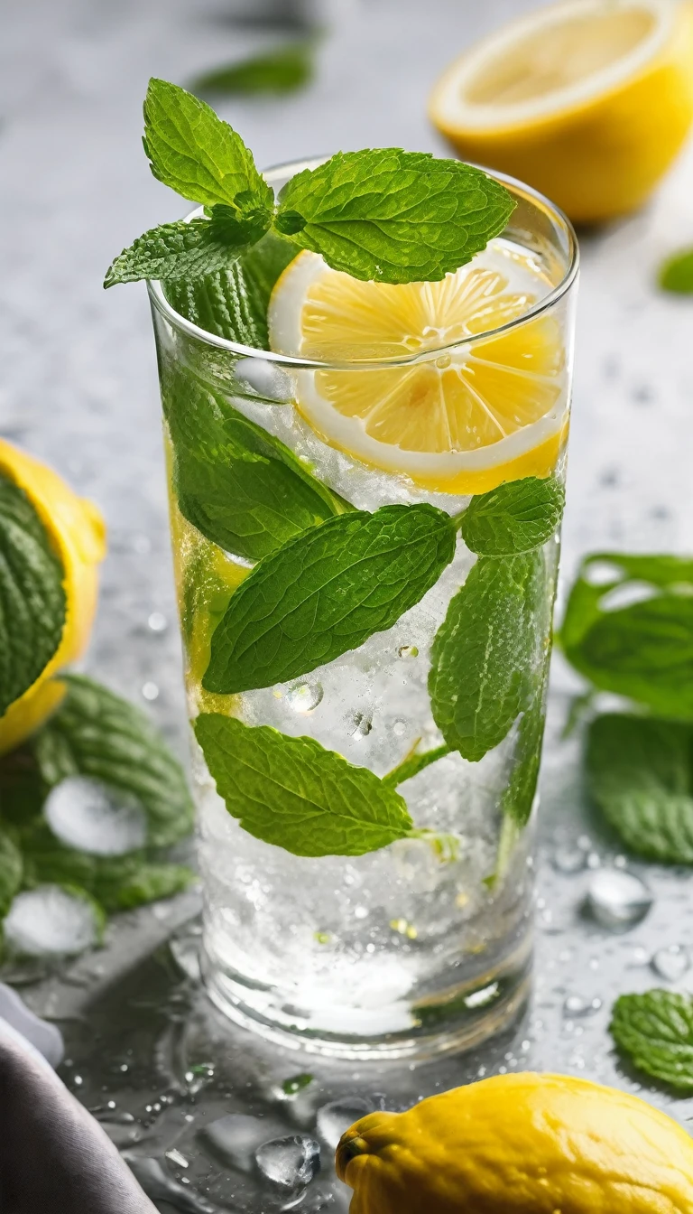 In a clear glass with water droplets floating in it、Mint leaves, ice and lemon squash