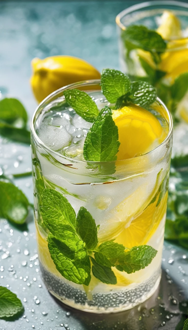 In a clear glass with water droplets floating in it、Mint leaves, ice and lemon squash