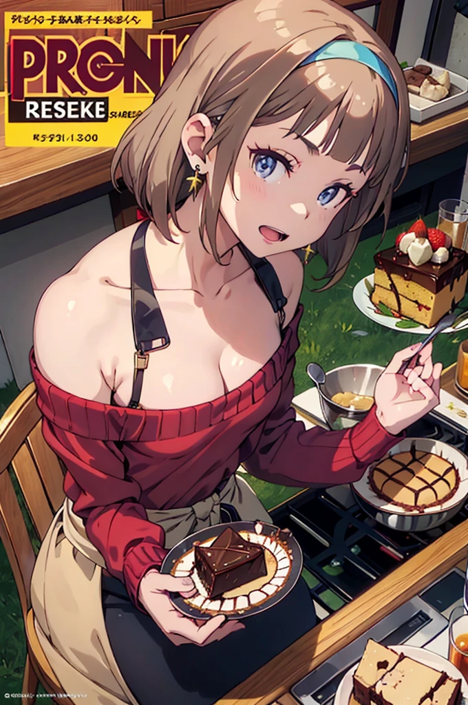 (small breasts:1.3), (perky chest:1.1), (pointed chest:1.0), (Pudding cake magazine cover:1.3)，(from above:1.0),(from side:0.9),masterpiece, 1girl, Amazing Cleavage:1.1, thin waist, big ass, Raised sexy, small breast: 1.3, sexy posed cleavage:1.2,solo, open mouth, have a cute grass of cute beergrass,bronde hair, dark blue eyes, dress, bare shoulders, jewelry, collarbone, sidelocks, hairband, earrings, indoors, off shoulder, sweater, arms behind back, plant, short hair with long locks, gild hairband, sweater dress:1.2, off-shoulder sweater, red sweater, dark gord hair, big side hair, very long side hair,is rendered in (masterpiece: 1.2, best quality), with (ultra high resolution) and an exquisite (depth of field). This masterpiece is not only visually stunning but also tells,A scene of cooking in the kitchen in the classroom ,looking at viewer, 