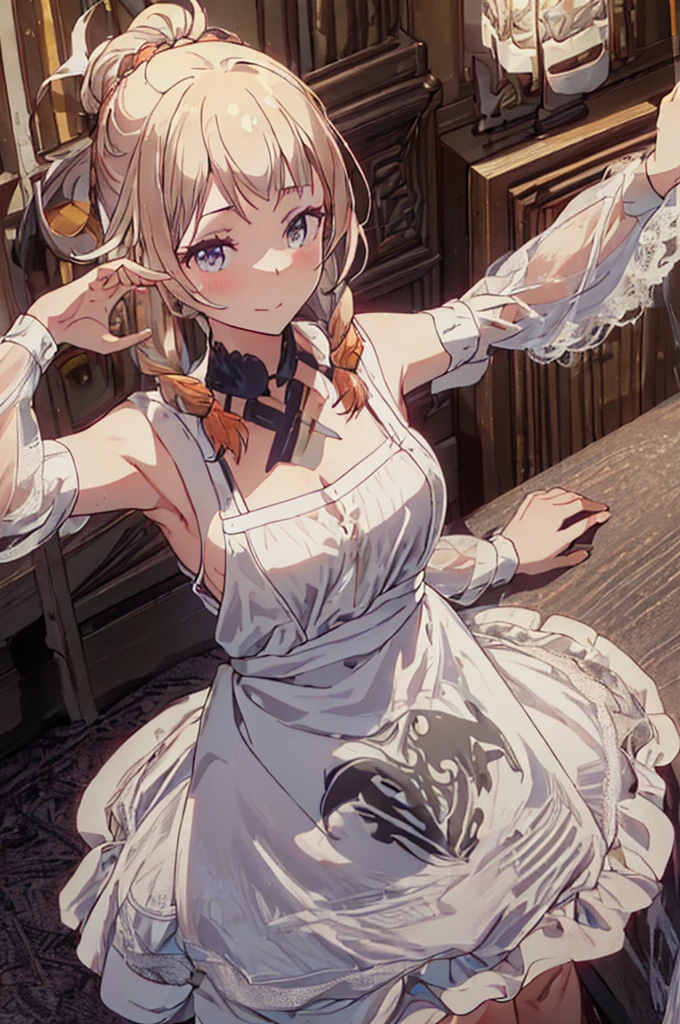 (A masterpiece of image quality in 8K),(from below:1.2),(Beautiful Allafed Woman),(((emphasizing breasts:1.0))),(Dynamic angles),(Dynamic and sexy bending pose:1.3),(sit a chair:1.3),(Short hair in shiny silver and orange inner colors,(perky chest:1.1), (pointed chest:1.3),small full breasts,Disturbance of clothing due to movement,breast slip,(Ponytail twisted buns adorned with elaborate braids and beads,Braided Setup Fishbone Hair,),(see-through bangs),small breasts、(((A white lace apron that shows your bare skin from under your small breasts)))、Blush with embarrassment、Enraptured eyes、A smile that beguiles the viewer、(Look back:1.2)、Look into the photographer,skin glistening with sweat,gazing at viewer,,(Professional Lighting),(8K,masutepiece,top-quality,Ultra-high resolution output image,),(Ultra HD with complex detail image modes),depth of fields,Beautiful hands,Beautiful fingers,Detailed finger features,(Detailed hair features:1.7),detailed facial features,detailed clothes features,
