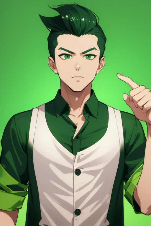 Handsome Japanese boy, green hair, Pompadour hairstyle, slim build, green eyes, short sleeve vest, neo green shirt with slime print, green jeans, neon green background