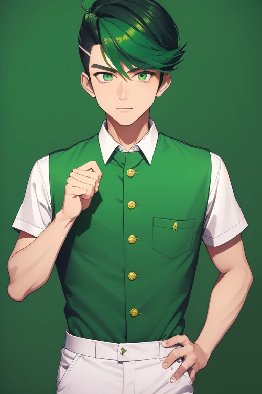 Handsome Japanese boy, green hair, Pompadour hairstyle, slim build, green eyes, short sleeve vest, neo green shirt with slime print, green jeans, neon green background