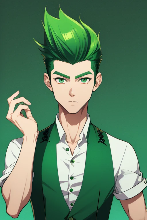 Handsome Japanese boy, green hair, Pompadour hairstyle, slim build, green eyes, short sleeve vest, neo green shirt with slime print, green jeans, neon green background