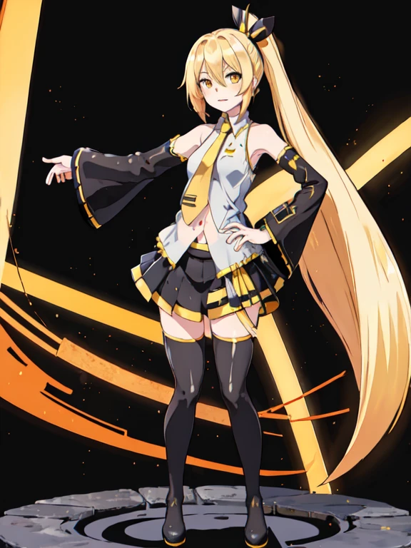 outdoor,street,high quality,Masterpeace,Akita_Neru, 1girl, solo, black miniskirt, blonde hair, black thigh boots, white shirt, navel, very long hair, yellow eyes, black detached sleeves, left side ponytail, zettai ryouiki, yellow necktie, sleeveless shirt,standing, full body, hand on hip