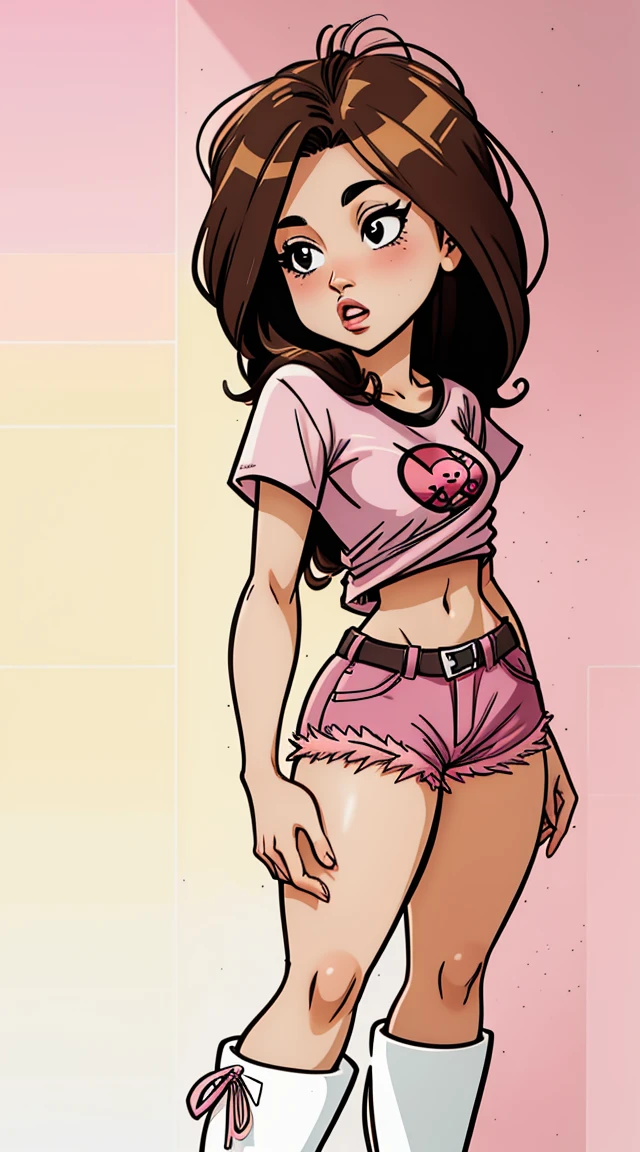 anime style, female character, with dark hair and brown eyes, with a pink blouse and a white t-shirt underneath, shorts and boots