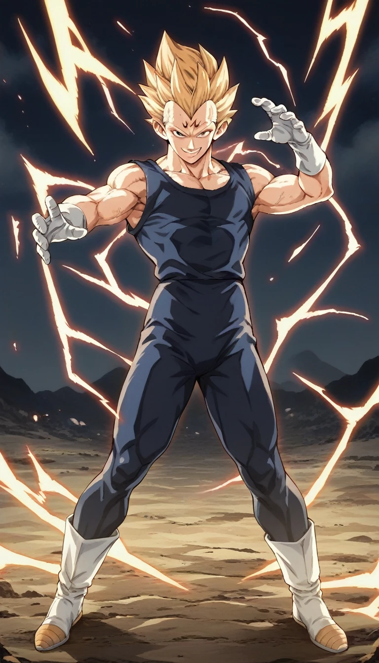 score_9, source_anime, score_8_up, score_7_up, detailed background, 1boy, solo, full body, sky, lightning, dynamic pose, dynamic composition, action scene, action pose, evil smile, golden aura