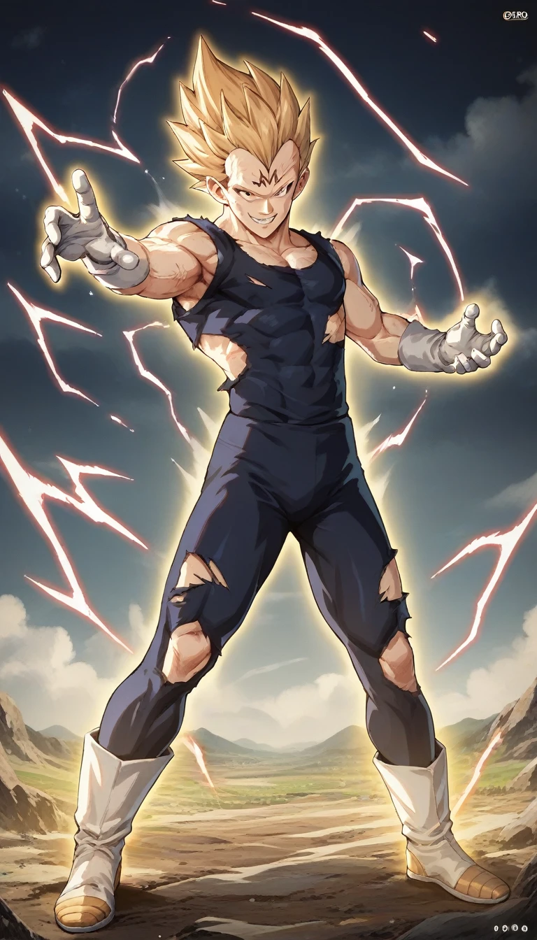 score_9, source_anime, score_8_up, score_7_up, detailed background, 1boy, solo, full body, sky, lightning, dynamic pose, dynamic composition, action scene, action pose, evil smile, golden aura
