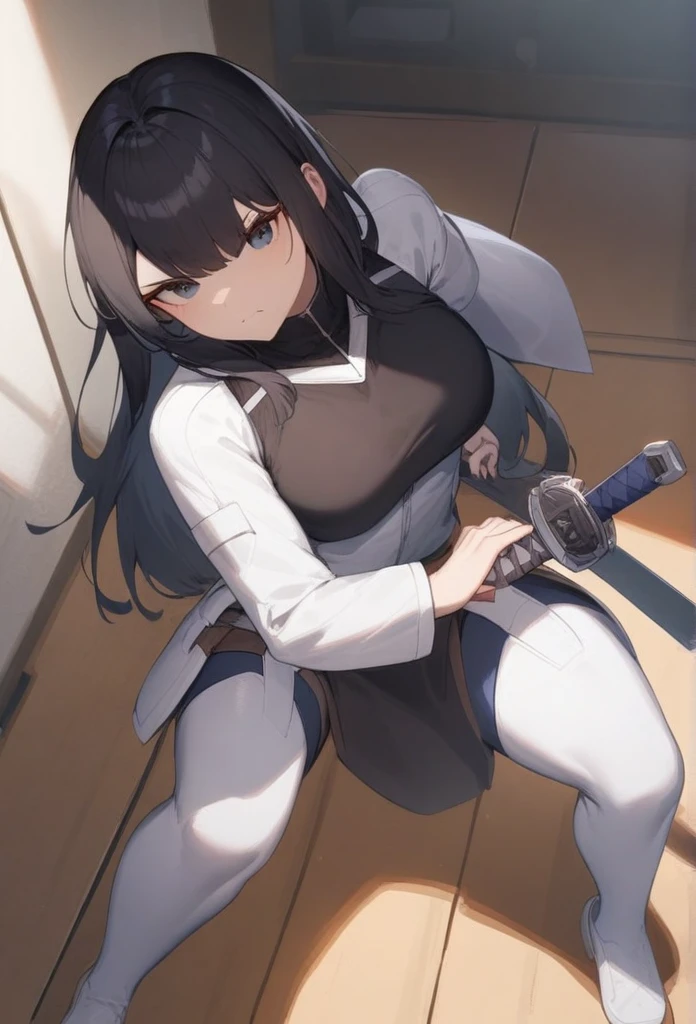 1girl, Powered Suit,Black Hair,Long Hair,black eye,Heavy Armor,
iaidow,weapon, katana, holding sword, ready to draw, sheathed, unsheathing, scabbard, fighting stance, battoujutsu stance,
from above, fisheye lens, looking down, water eye, workplace, closed mouth,
masterpiece, best quality, very aesthetic, absurdres