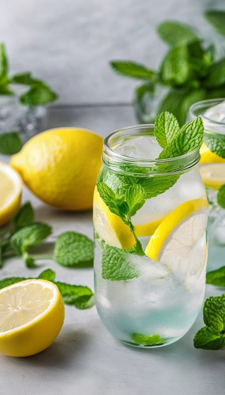 A clear glass filled with carbonated water, mint leaves, lemon slices and ice、Lemon squash