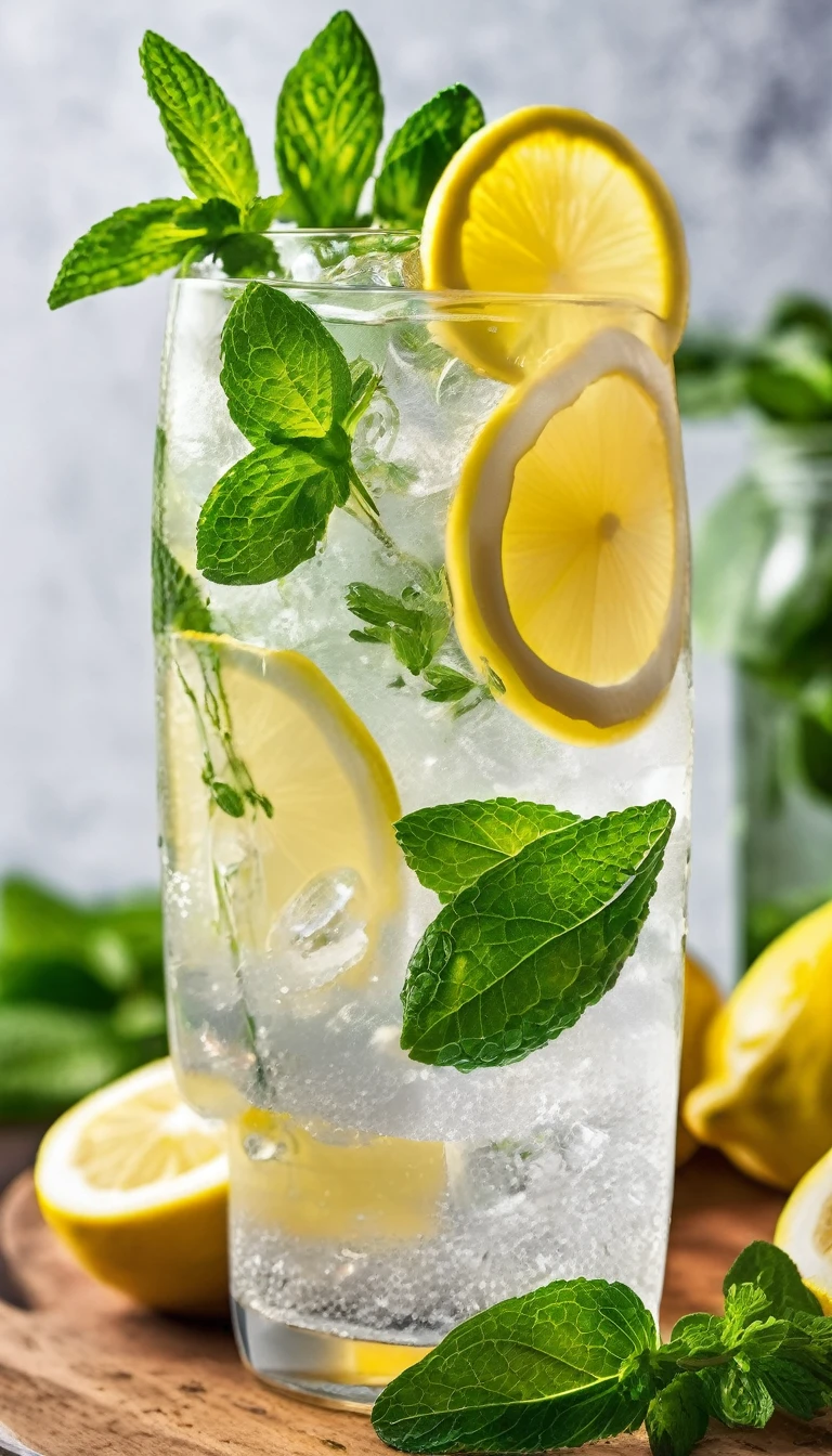A clear glass filled with carbonated water, mint leaves, lemon slices and ice、Lemon squash
