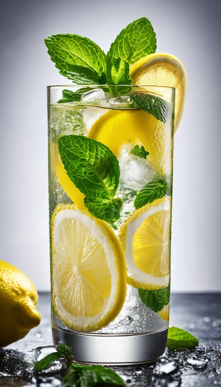 A clear glass filled with carbonated water, mint leaves, lemon slices and ice、Lemon squash