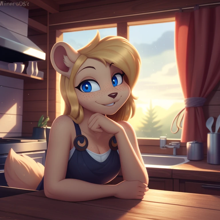 minerva, medium breast,
(detailed blonde hair:1.4), (detailed perfect eyes:1.2), white fur, (detailed fluffy fur:1.2), perfect hourglass body, mink snout, (long fluffy blonde tail:1.3), beautiful black eyes, relaxed pose, looking at viewer,
(freckles:1.2), light smile,
serving coffee,
(masterpiece:1.2), (best quality:1.2), (intricate:1.2), (highly detailed:1.2), (sharp:1.2), (8k:1.2), (highres:1.2),
cinematic summer tropical lighting, vivid colors,
kitchen, wooden cabin,
window, forest, rain,
aliceinwonderlandoutfit