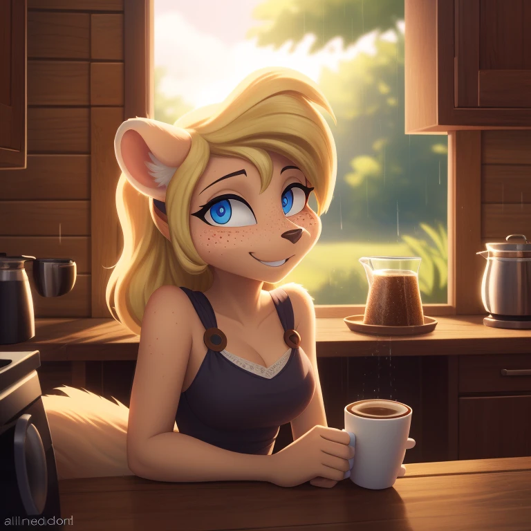 minerva, medium breast,
(detailed blonde hair:1.4), (detailed perfect eyes:1.2), white fur, (detailed fluffy fur:1.2), perfect hourglass body, mink snout, (long fluffy blonde tail:1.3), beautiful black eyes, relaxed pose, looking at viewer,
(freckles:1.2), light smile,
serving coffee,
(masterpiece:1.2), (best quality:1.2), (intricate:1.2), (highly detailed:1.2), (sharp:1.2), (8k:1.2), (highres:1.2),
cinematic summer tropical lighting, vivid colors,
kitchen, wooden cabin,
window, forest, rain,
aliceinwonderlandoutfit