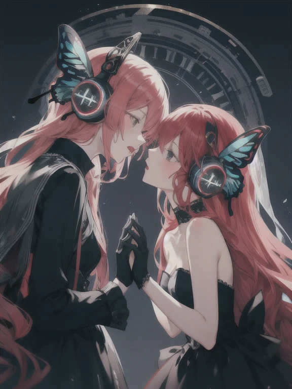 magnetvocaloide,butterfly wing headphones,
several girls, 2 girls, yuri,Gloves without fingers,
Red hair,black veil,funeral dress, black dress,