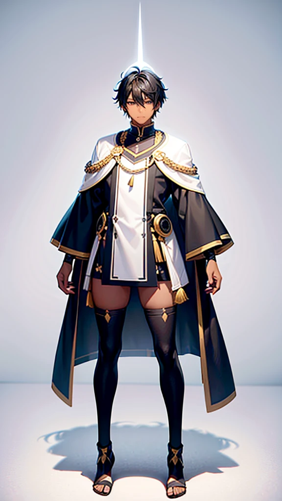 full body anime style portrait of a dark-skinned male wizard with short black hair and some white strands, wearing tribal style outfits, against a minimalist white background, (best quality,4k,8k,highres)