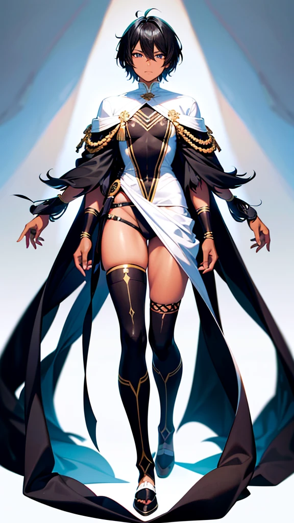 full body anime style portrait of a dark-skinned male wizard with short black hair and some white strands, wearing tribal style outfits, against a minimalist white background, (best quality,4k,8k,highres)