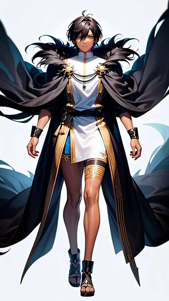 full body anime style portrait of a dark-skinned male wizard with short black hair and some white strands, wearing tribal style outfits, against a minimalist white background, (best quality,4k,8k,highres)