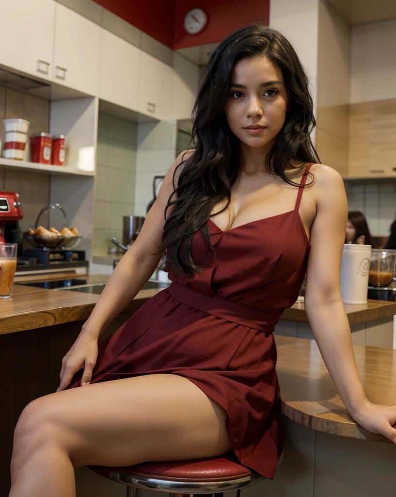 woman, wavy black hair, short to the shoulders, big chest, big ass, wearing red dress. mackerel style woman, in a cafe sitting at the counter