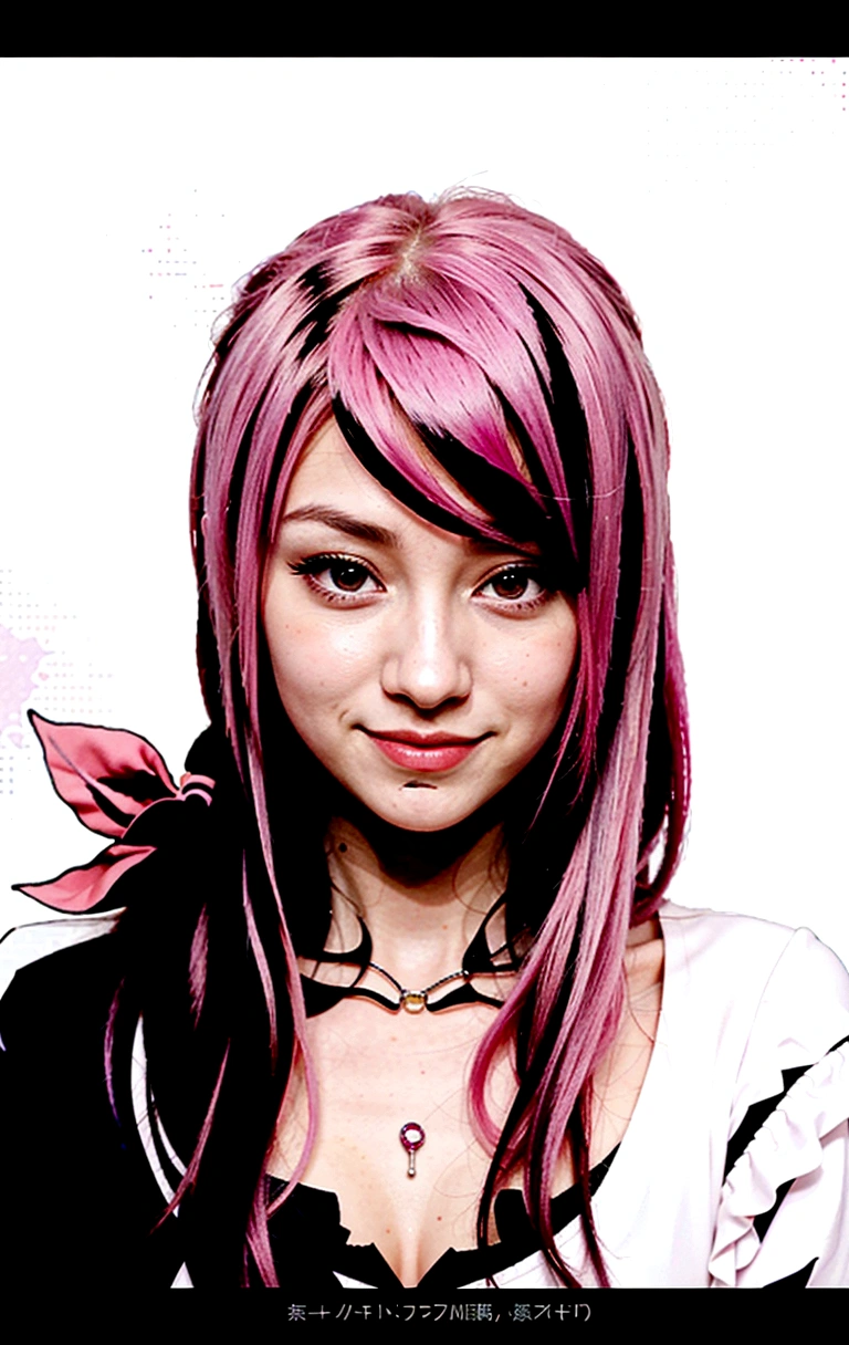 anime girl with pink hair and black shirt smiling at camera, rize kamishiro, rize kamishiro as a real person, [[[[grinning evily]]]], rize kamishiro, with pink hair, anime girl named rize kamishiro, rize kamishiro in slug sage mode, rize kamishiro, rize kamishiro, rize kamishiro, rize kamishiro 