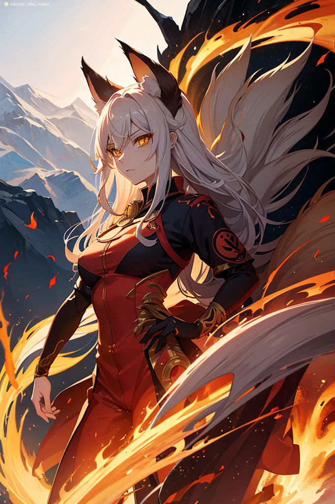 Adult nine-tailed fox, with human face and characteristics, with serious facial expression, yellow eyes with fire effect inside, with red clothes and black parts, with armband with a blood moon emblazoned as a symbol, white skin and body with fox fur.