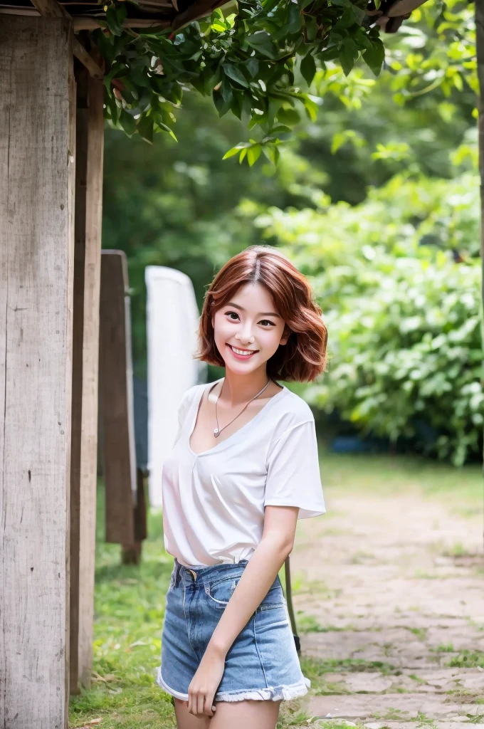 Under the eaves of a building, college freshman, ((full body)), ((photo)), ((best qualtiy, 8K, tmasterpiece:1.3)), Focus:1.2, perfect figure beautiful girl:1.4, 1girl, cowboy shot, look at viewer, eyes facing the camera, incredibly absurd, beautiful and cute girl with a photorealistic face, showcasing top-quality craftsmanship, Japanese girl taking shelter from the rain under the eaves, 16 years old, short hair, wavy and shiny hair, crimson hair, big eyes, long eyelashes, smiling face, white teeth, round face, small nose, smooth skin, fair skin, slim, 155cm tall, thin limbs, red lips, pink cheeks, lively expression, , delicate, well-balanced proportions, slim, 155cm tall, thin limbs, small A-cup breasts, white blouse, denim miniskirt, loafers, silver necklace, bracelet, beautiful girl, younger sister attribute, active, sociable, cheerful, optimistic, brave, curious, September