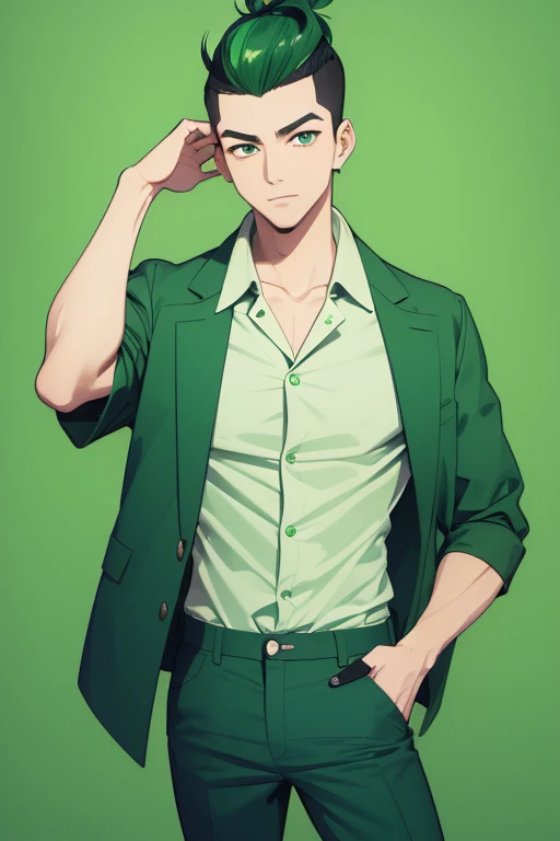 Handsome Japanese boy, green hair, Pompadour hairstyle, slim build, green eyes, short sleeve vest, neo green shirt with slime print, green jeans, neon green background
