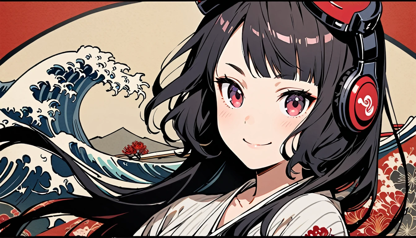 Highest quality, Katsushika Hokusai, Ink Painting, (((straight longhair))), (((1 girl))), (((A short light red yukata))), (((smile))), Japanese style headphones, Red spider lily, beautiful girl, Black Hair, Delicate and precise, Modern ukiyo-e style, Red Eyes, hairpin, wink