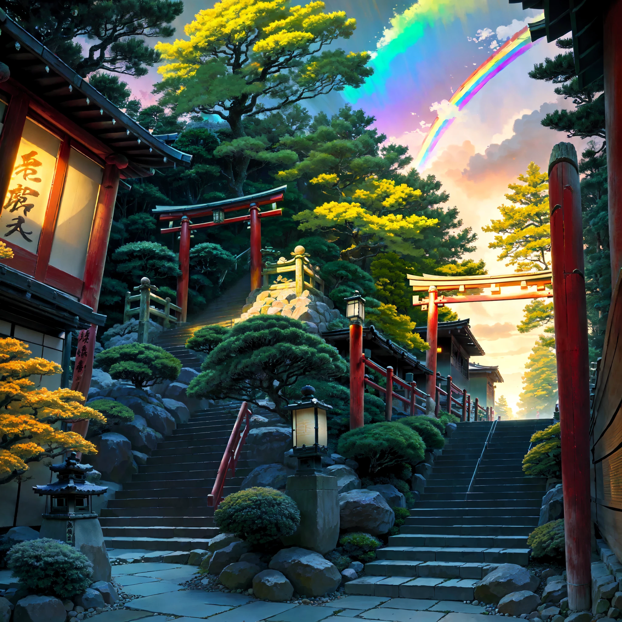 ((best quality)), ((masterpiece)), ((highly detailed)), (2.5D), serene Japanese torii gate, beautifully lit by soft sunset light, leading up to a staircase ascending into a lush forest. Small Japanese shops (line the sides of the stairs in the foreground:1.7), each with traditional banners (hanging above their doors with Japanese writing:1.7). The sky is filled with fluffy, glowing clouds and a vivid rainbow arcing overhead. Vibrant lanterns line the staircase, casting warm glows on the stone steps and surrounding foliage. Peaceful and tranquil scene, lush greenery, vibrant flowers, rich and vivid colors, magical evening.